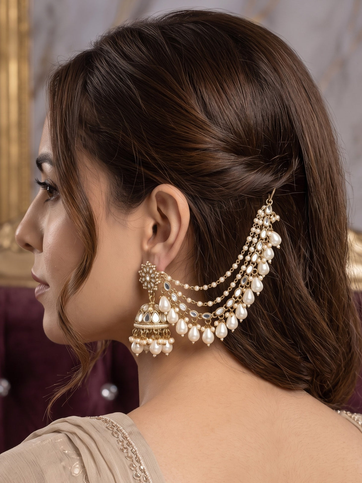 Gold-Plated Mirror Work Jhumka with Pearl Layered Ear Chain for Women