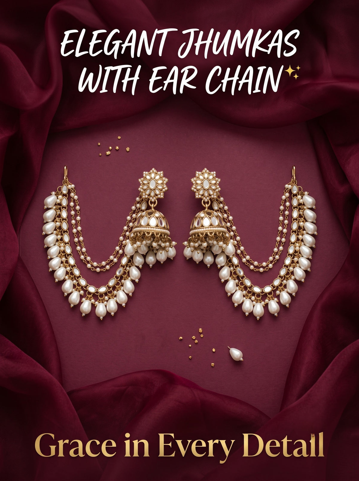 Gold-Plated Mirror Work Jhumka with Pearl Layered Ear Chain for Women