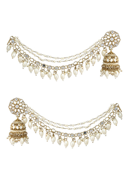 Gold-Plated Mirror Work Jhumka with Pearl Layered Ear Chain for Women