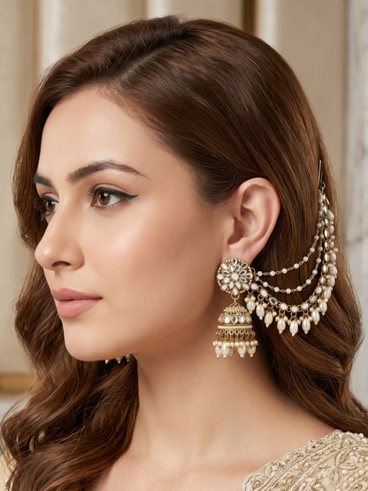 Gold-Plated Mirror Work Jhumka with Pearl Layered Ear Chain for Women