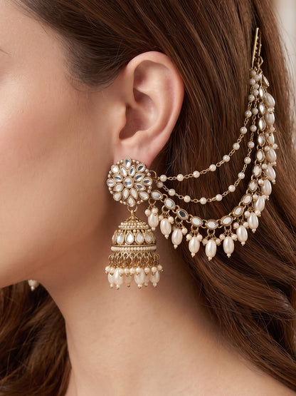 Gold-Plated Mirror Work Jhumka with Pearl Layered Ear Chain for Women