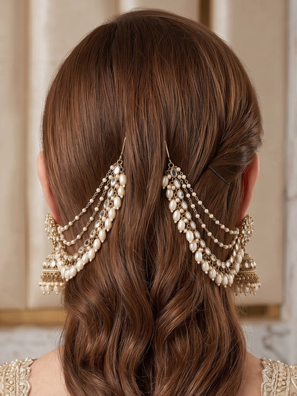 Gold-Plated Mirror Work Jhumka with Pearl Layered Ear Chain for Women