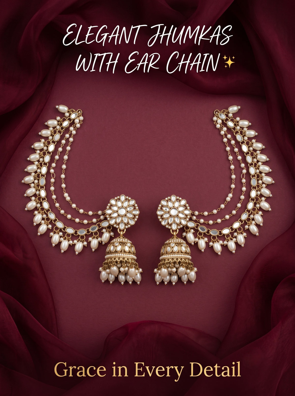 Gold-Plated Mirror Work Jhumka with Pearl Layered Ear Chain for Women