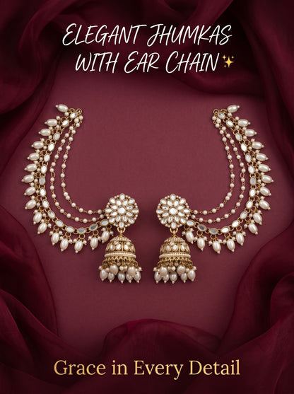 Gold-Plated Mirror Work Jhumka with Pearl Layered Ear Chain for Women