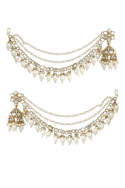 Gold-Plated Mirror Work Jhumka with Pearl Layered Ear Chain for Women