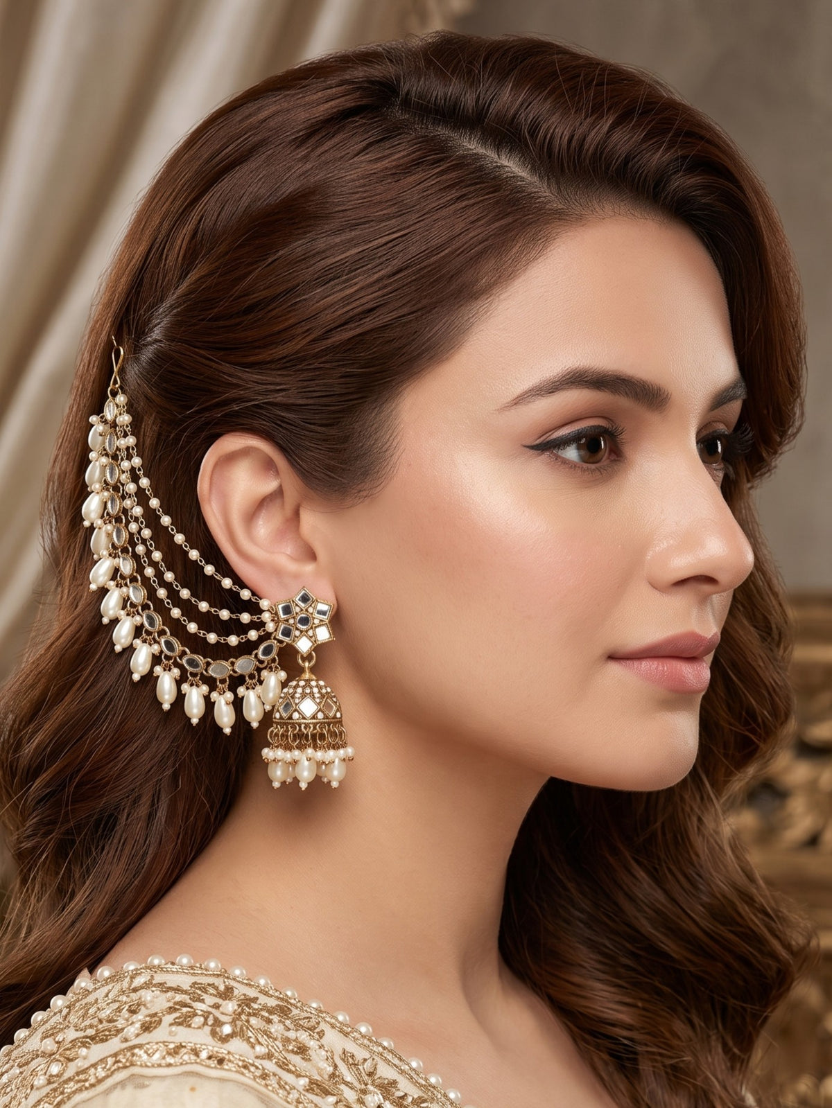 Gold-Plated Mirror Work Jhumka with Pearl Layered Ear Chain for Women