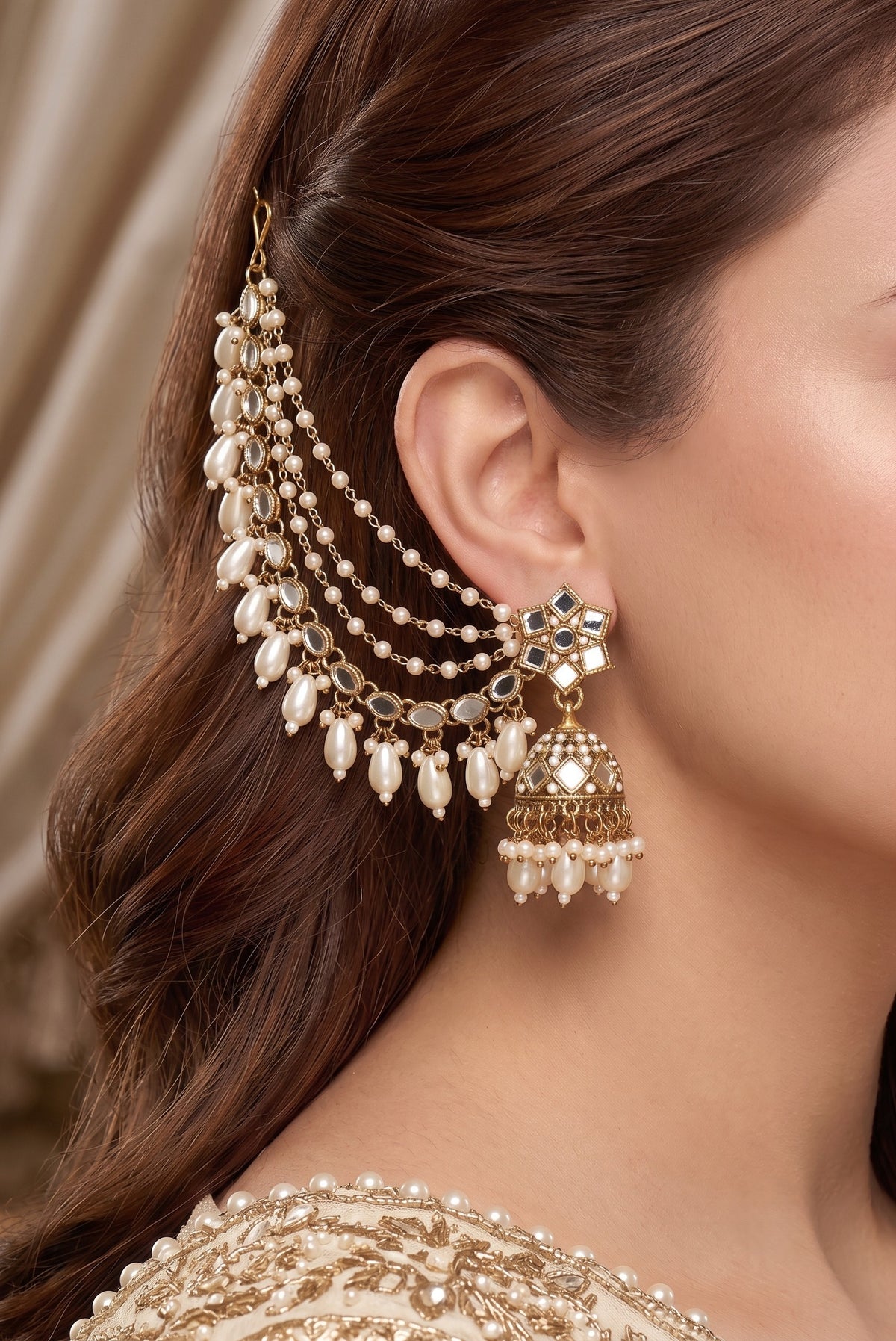 Gold-Plated Mirror Work Jhumka with Pearl Layered Ear Chain for Women