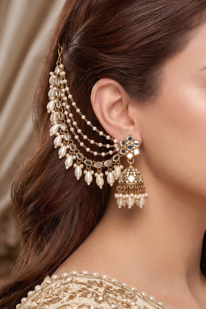 Gold-Plated Mirror Work Jhumka with Pearl Layered Ear Chain for Women