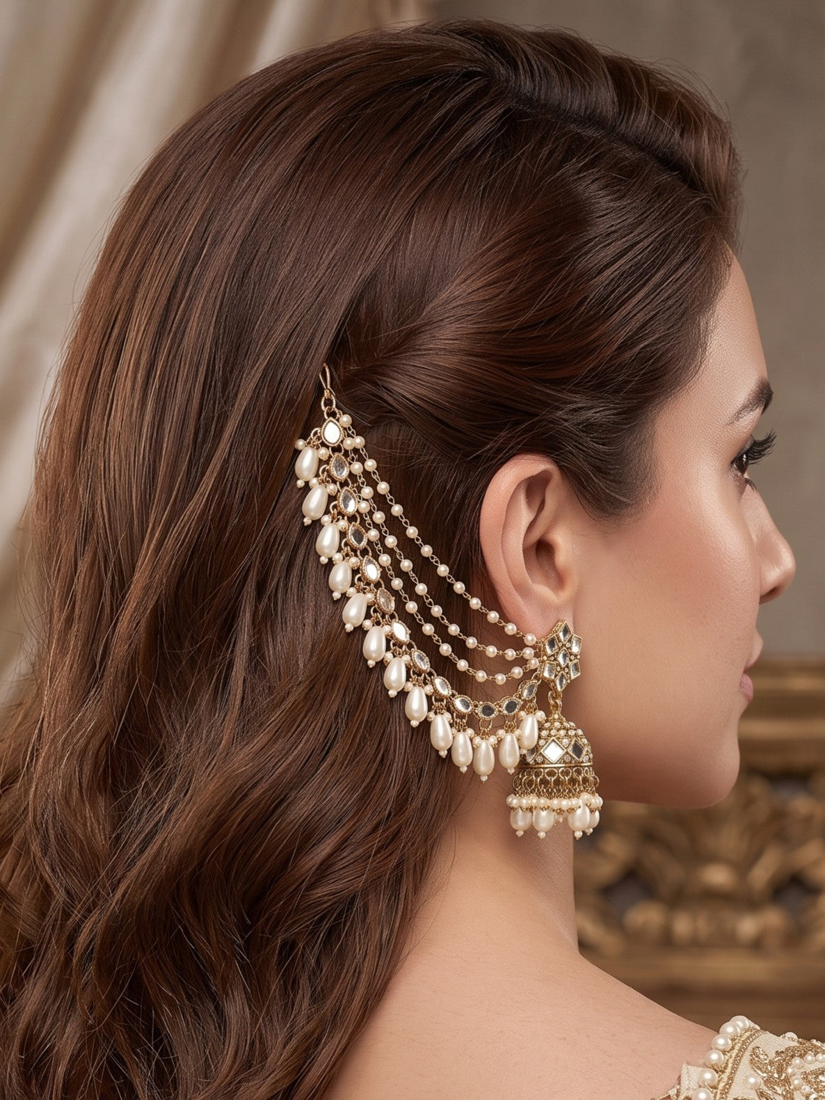 Gold-Plated Mirror Work Jhumka with Pearl Layered Ear Chain for Women