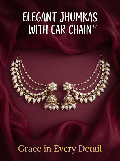 Gold-Plated Mirror Work Jhumka with Pearl Layered Ear Chain for Women