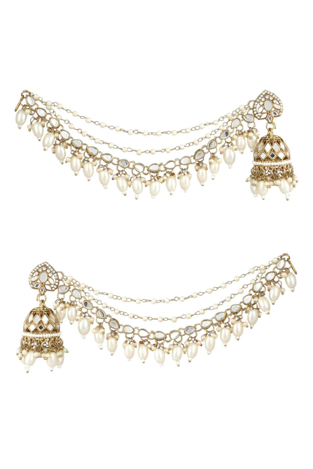 Gold-Plated Mirror Work Jhumka with Pearl Layered Ear Chain for Women