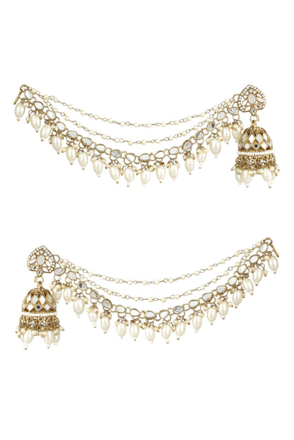 Gold-Plated Mirror Work Jhumka with Pearl Layered Ear Chain for Women