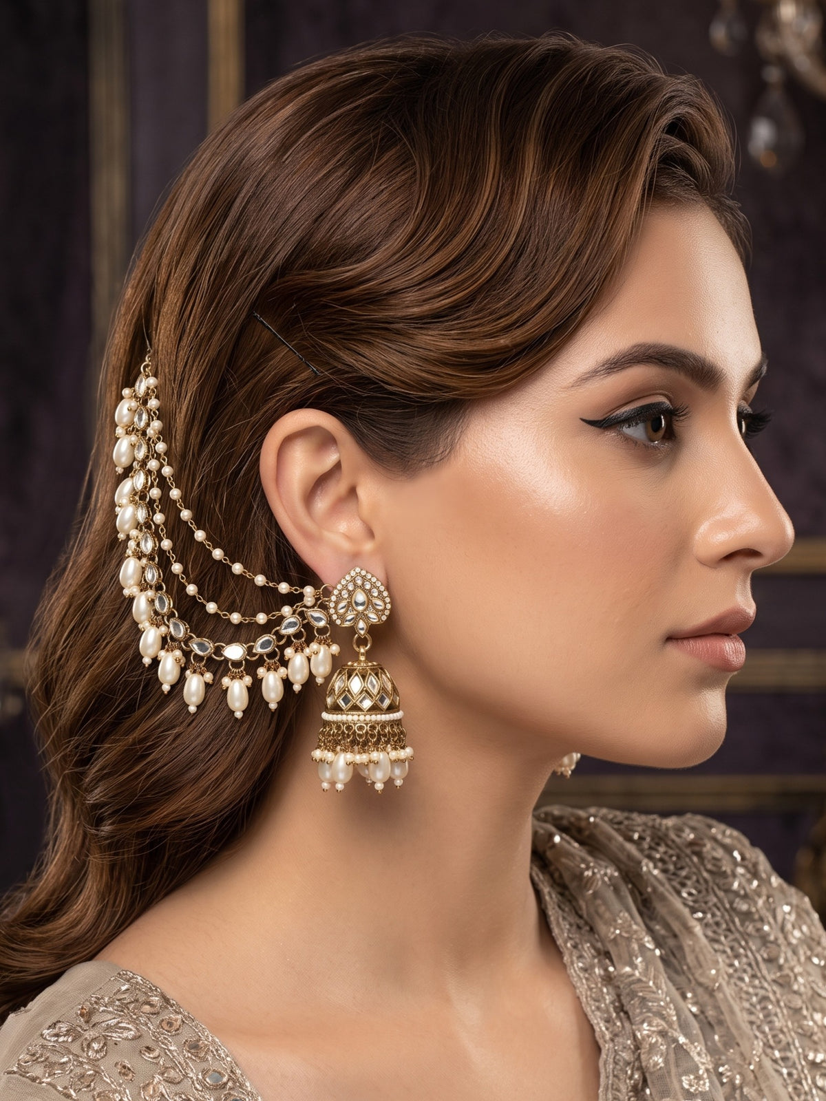 Gold-Plated Mirror Work Jhumka with Pearl Layered Ear Chain for Women
