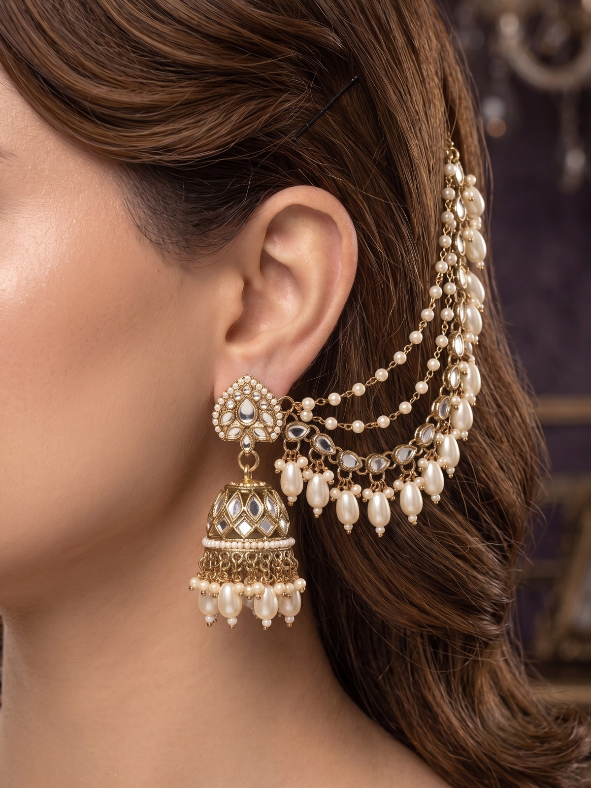 Gold-Plated Mirror Work Jhumka with Pearl Layered Ear Chain for Women