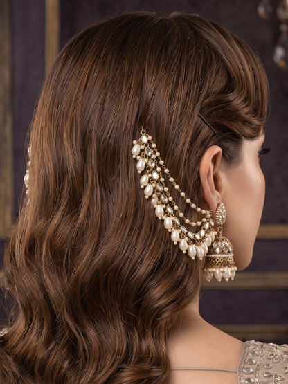 Gold-Plated Mirror Work Jhumka with Pearl Layered Ear Chain for Women