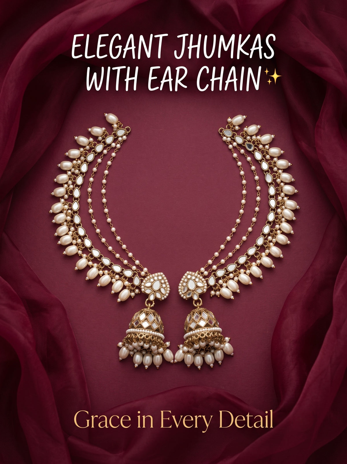 Gold-Plated Mirror Work Jhumka with Pearl Layered Ear Chain for Women