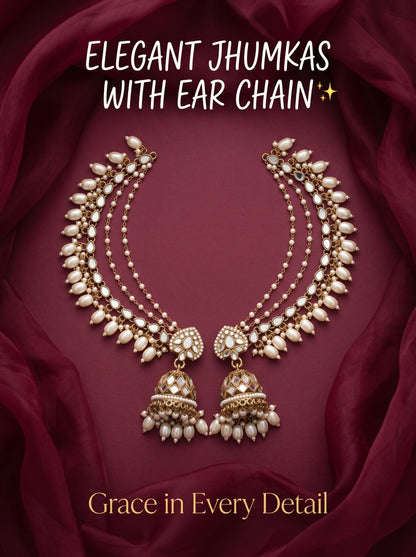 Gold-Plated Mirror Work Jhumka with Pearl Layered Ear Chain for Women