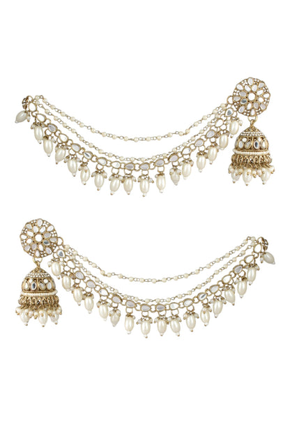 Gold-Plated Mirror Work Jhumka with Pearl Layered Ear Chain for Women