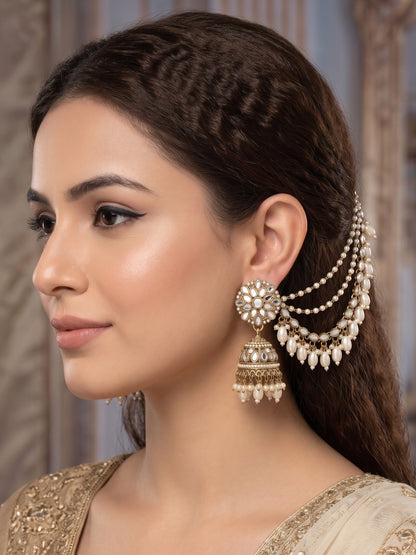 Gold-Plated Mirror Work Jhumka with Pearl Layered Ear Chain for Women