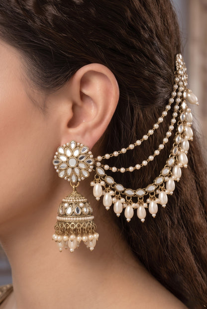 Gold-Plated Mirror Work Jhumka with Pearl Layered Ear Chain for Women