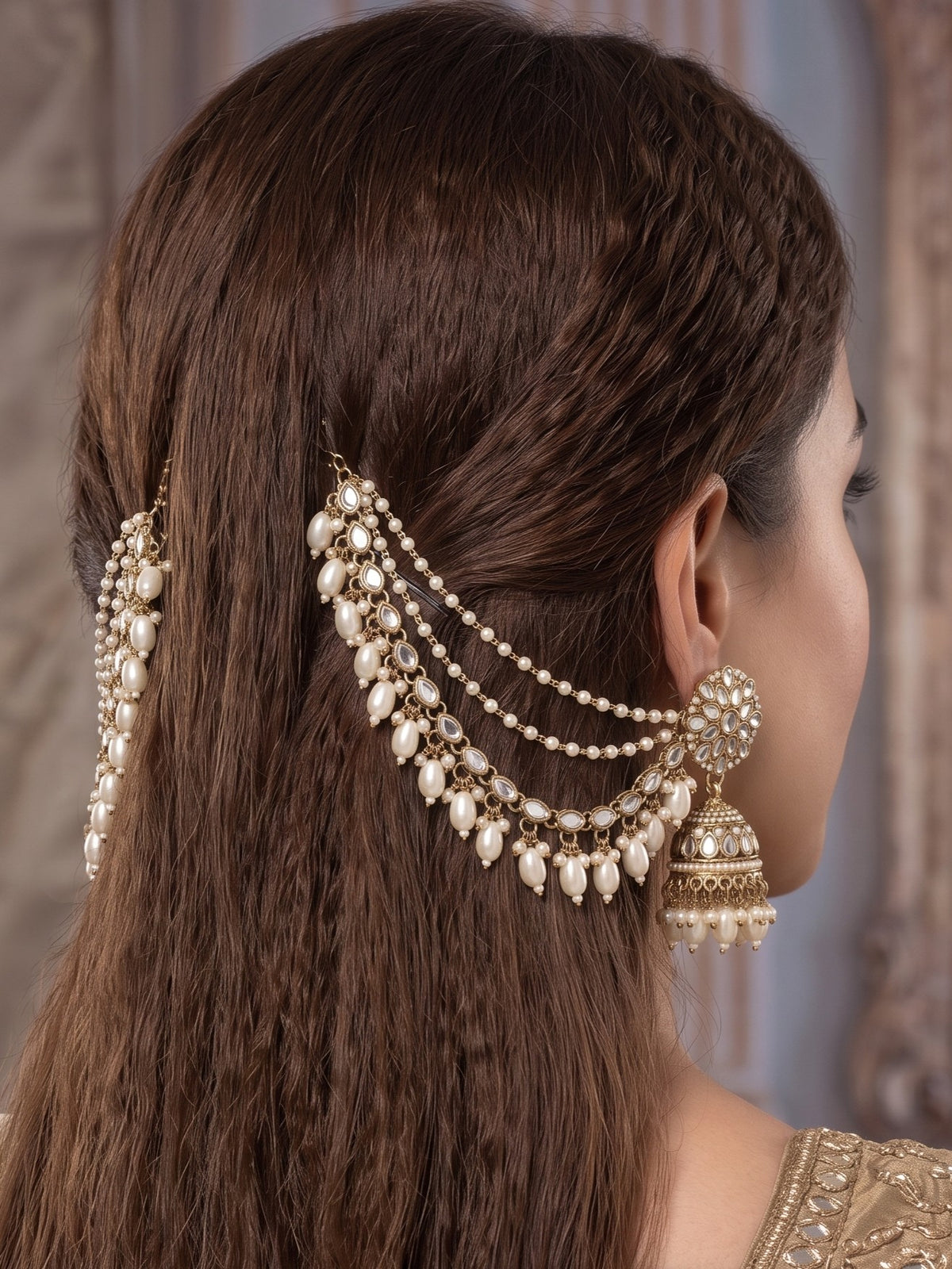 Gold-Plated Mirror Work Jhumka with Pearl Layered Ear Chain for Women