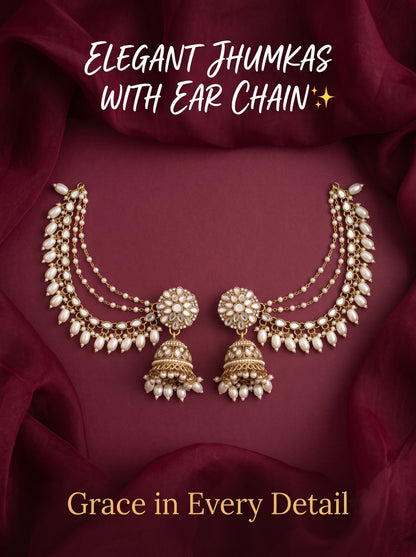 Gold-Plated Mirror Work Jhumka with Pearl Layered Ear Chain for Women