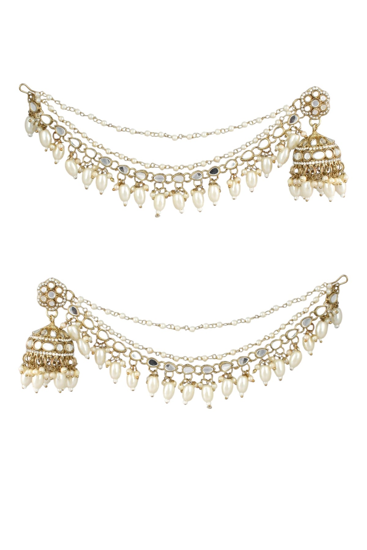 Gold-Plated Mirror Work Jhumka with Pearl Layered Ear Chain for Women