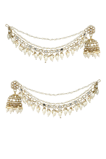 Gold-Plated Mirror Work Jhumka with Pearl Layered Ear Chain for Women