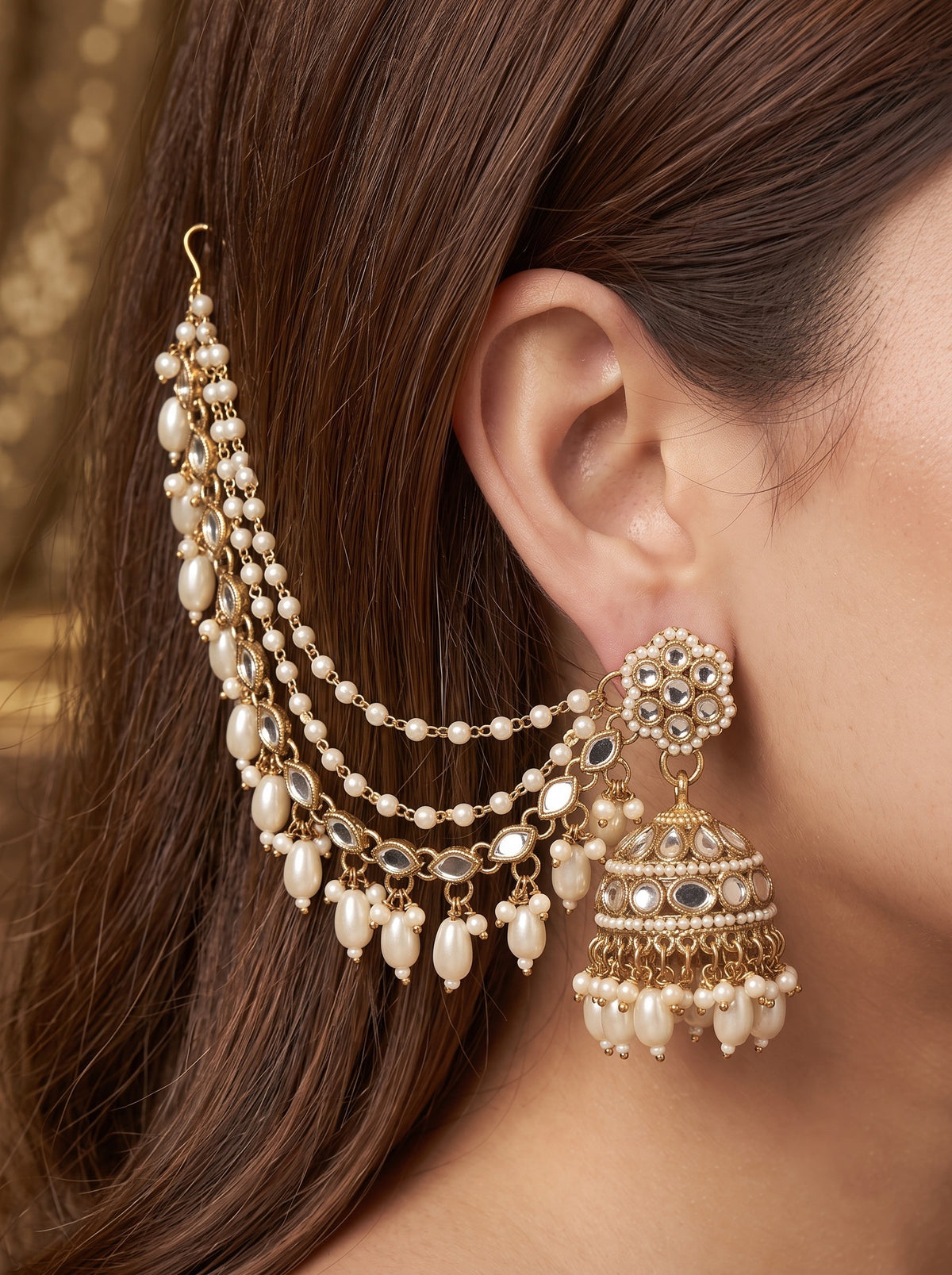 Gold-Plated Mirror Work Jhumka with Pearl Layered Ear Chain for Women