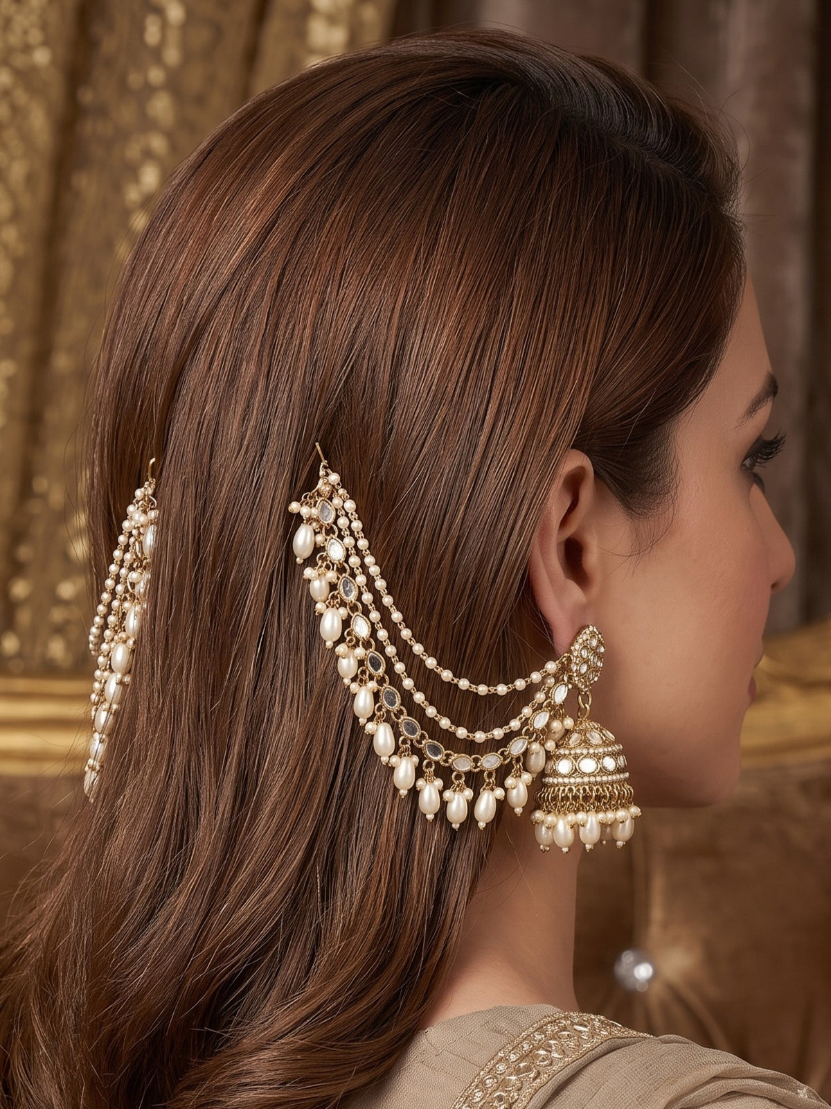Gold-Plated Mirror Work Jhumka with Pearl Layered Ear Chain for Women