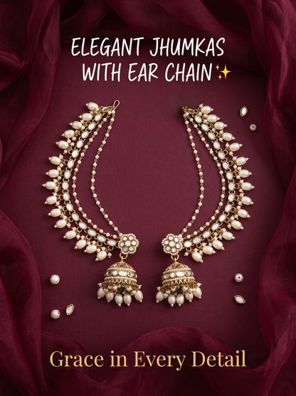 Gold-Plated Mirror Work Jhumka with Pearl Layered Ear Chain for Women