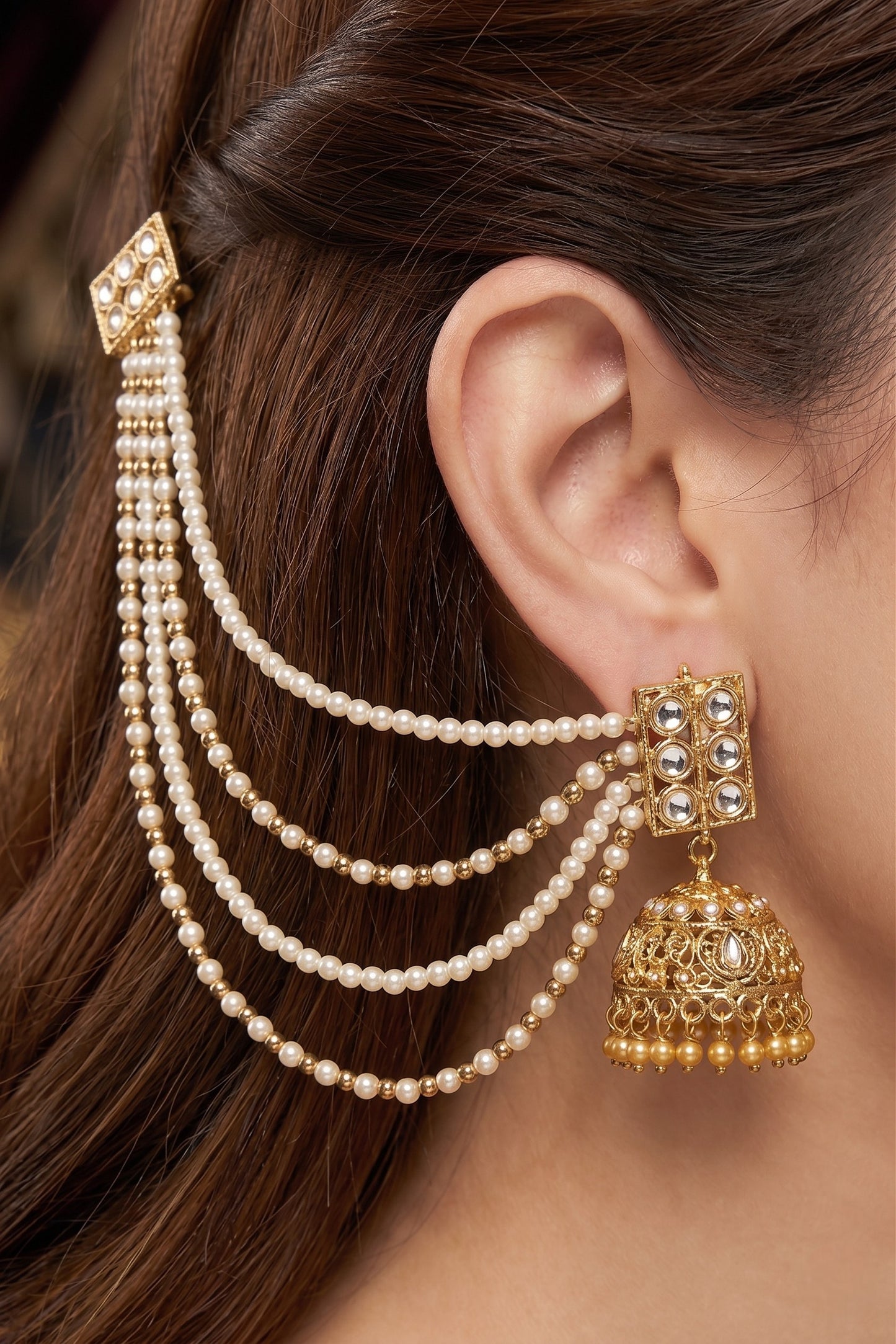 Traditional Pearl Beaded Ear Chain Accessory for Women and Girls