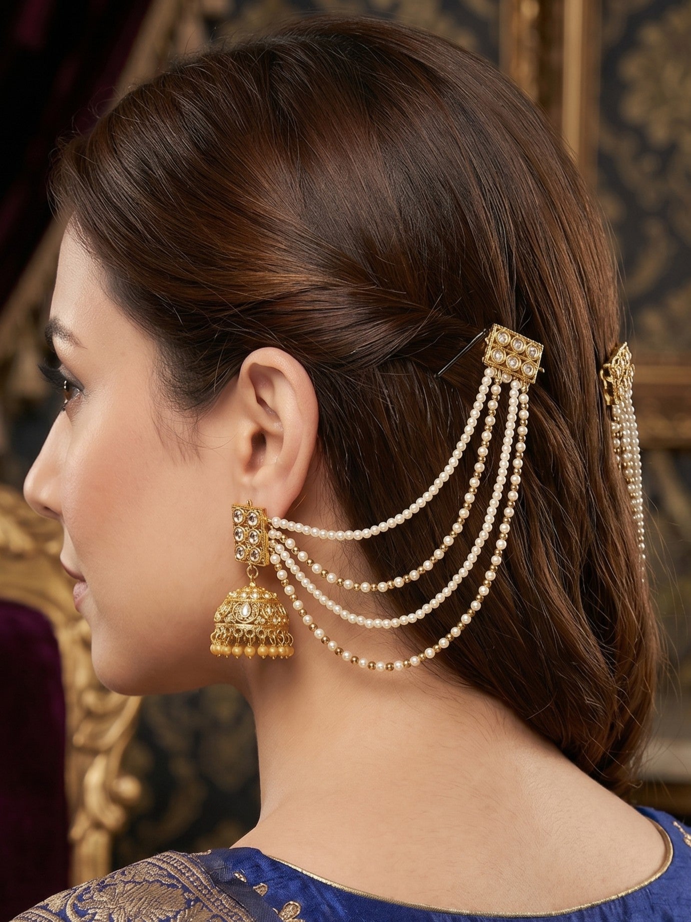 Traditional Pearl Beaded Ear Chain Accessory for Women and Girls