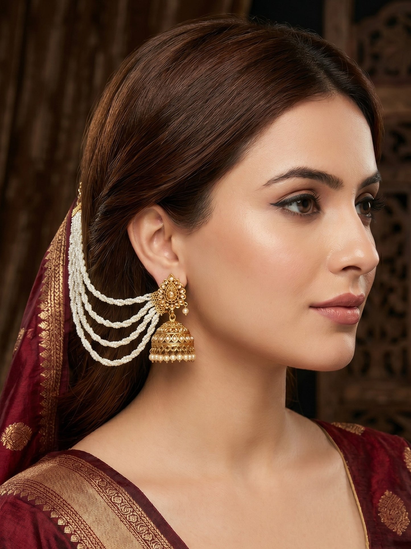 Traditional Pearl Beaded Ear Chain Accessory for Women and Girls