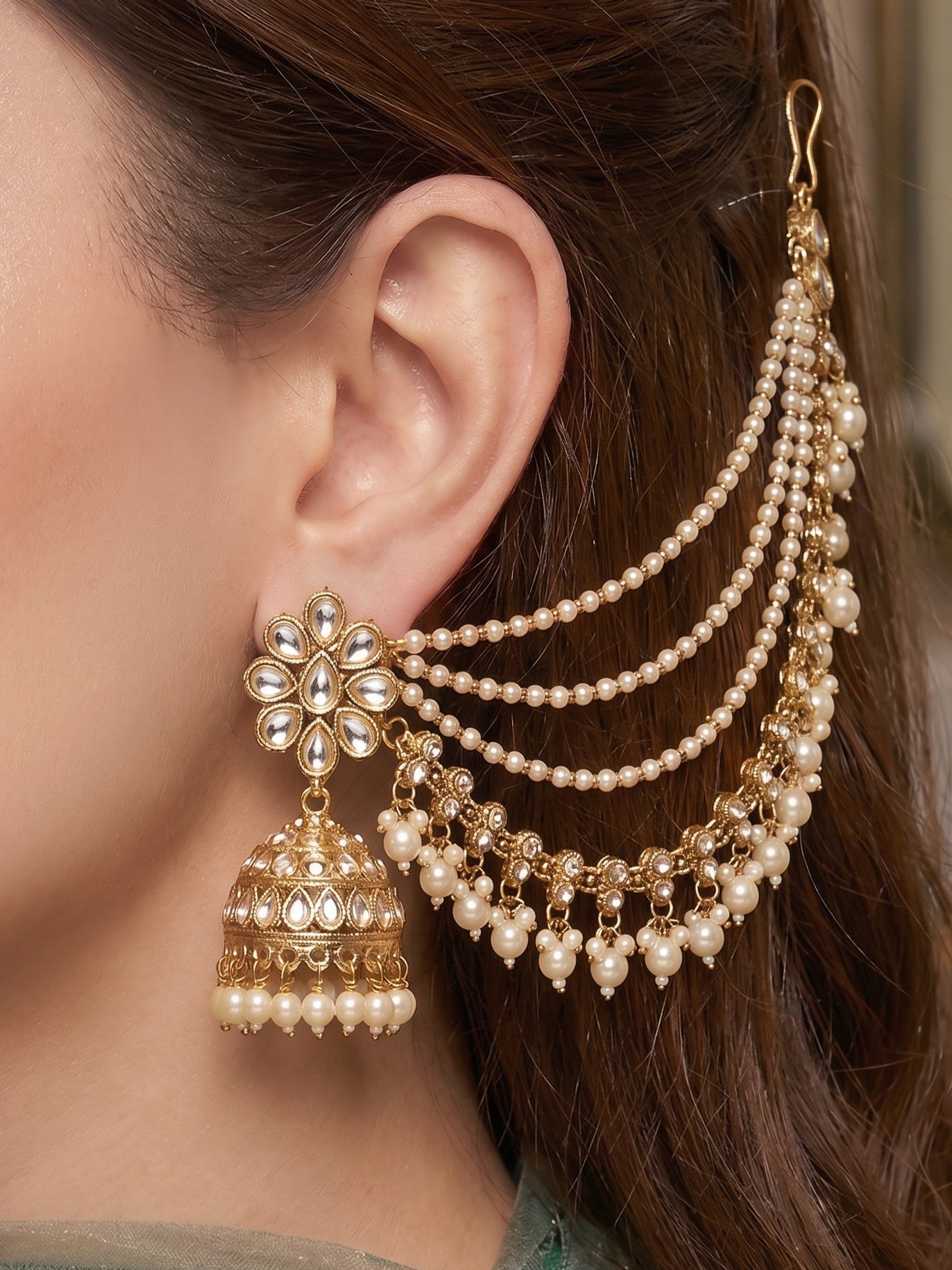 Traditional Pearl Beaded Ear Chain Accessory for Women and Girls