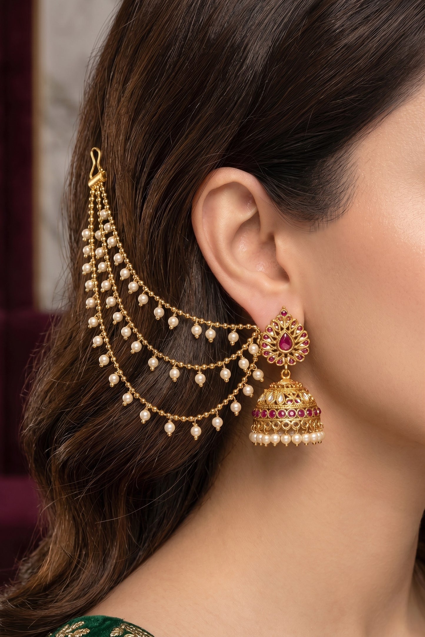 Traditional Pearl Beaded Ear Chain Accessory for Women and Girls