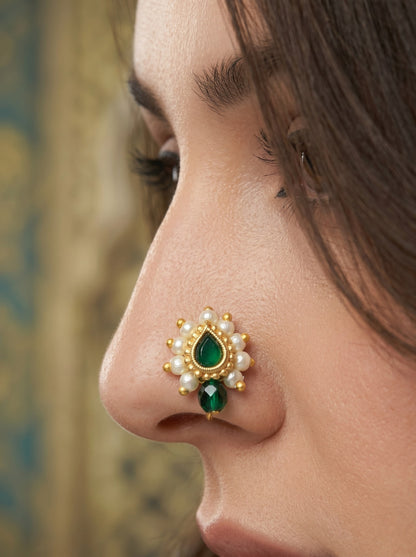 Red Green Maharashtrian Style Non Piercing Stud Nose Pin for Women and Girls