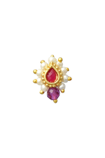 Red Maharashtrian Style Non Piercing Stud Nose Pin for Women and Girls