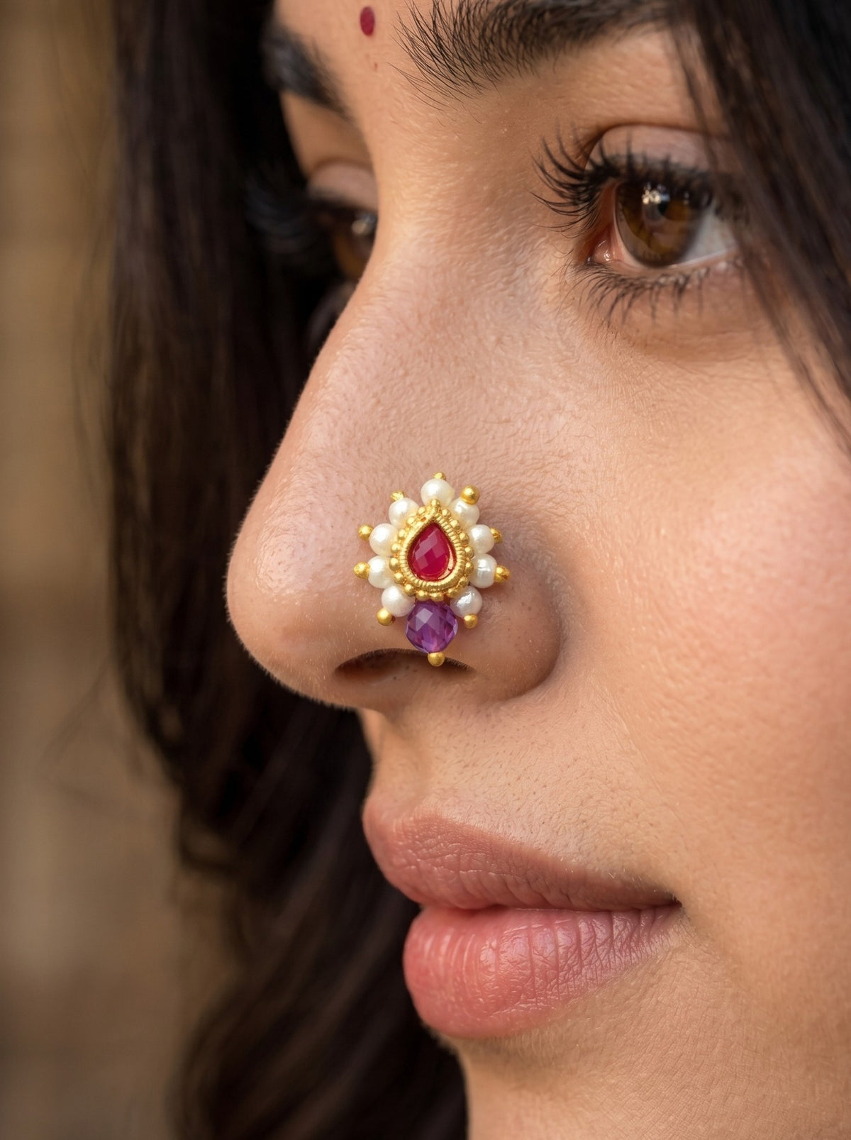 Red Maharashtrian Style Non Piercing Stud Nose Pin for Women and Girls