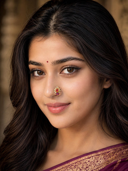 Red Maharashtrian Style Non Piercing Stud Nose Pin for Women and Girls