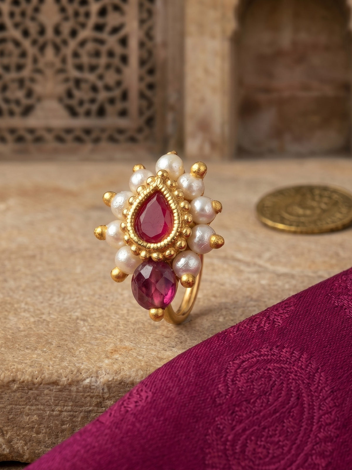 Red Maharashtrian Style Non Piercing Stud Nose Pin for Women and Girls