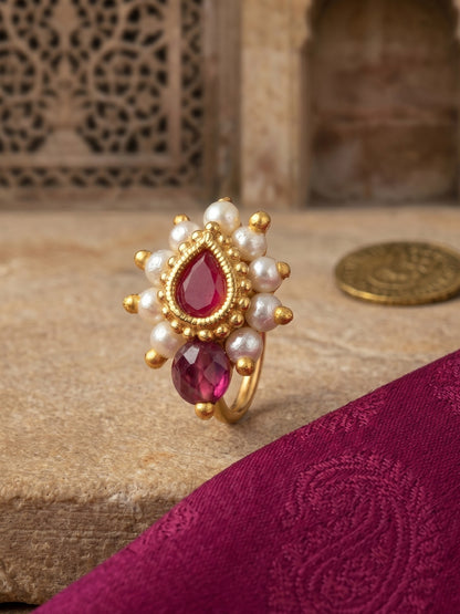 Red Maharashtrian Style Non Piercing Stud Nose Pin for Women and Girls