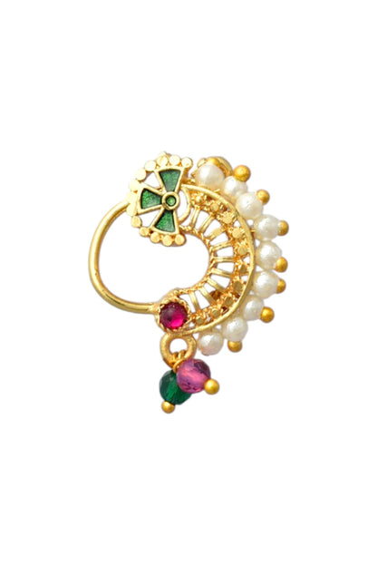 Red Green Maharashtrian Style Non Piercing Stud Nose Pin for Women and Girls