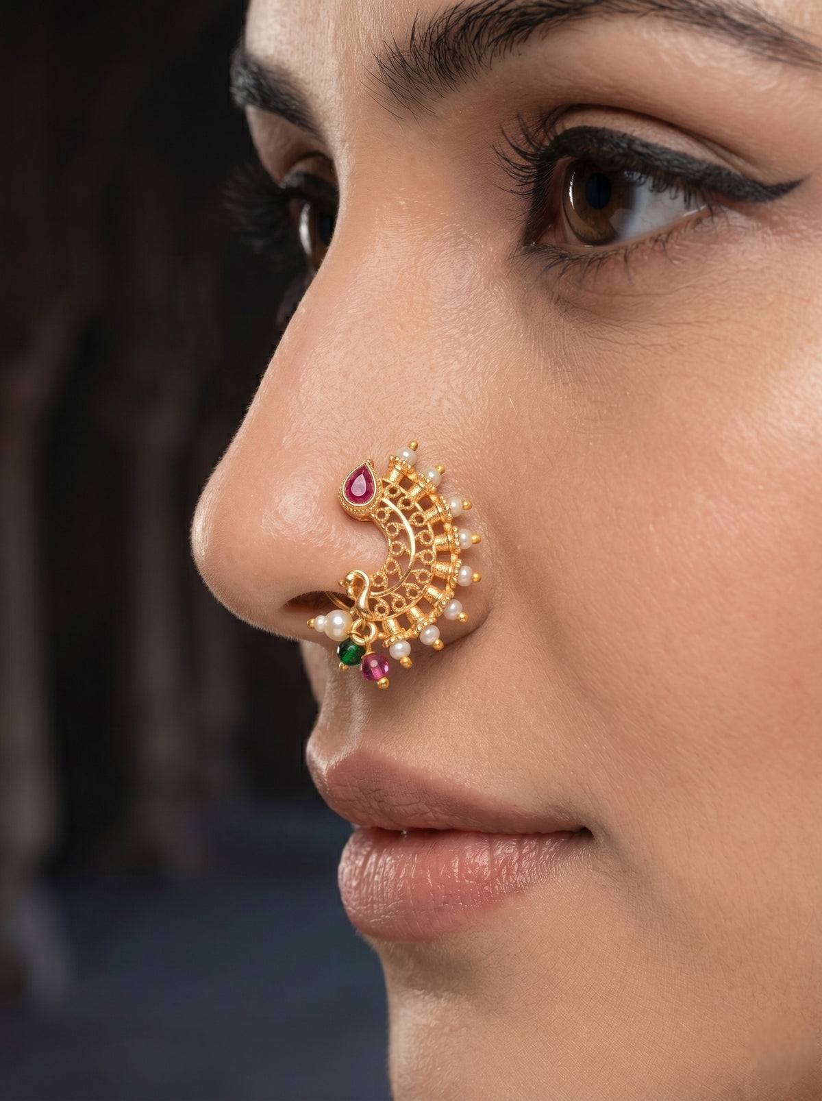 Red Green Maharashtrian Style Non Piercing Stud Nose Pin for Women and Girls