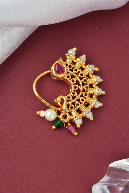 Red Green Maharashtrian Style Non Piercing Stud Nose Pin for Women and Girls