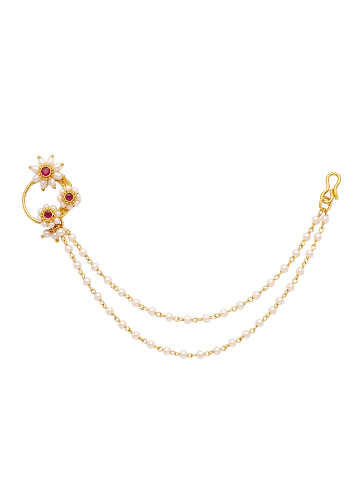Red Maharashtrian Style Non Piercing Stud Nose Pin with 2 Layer Chain