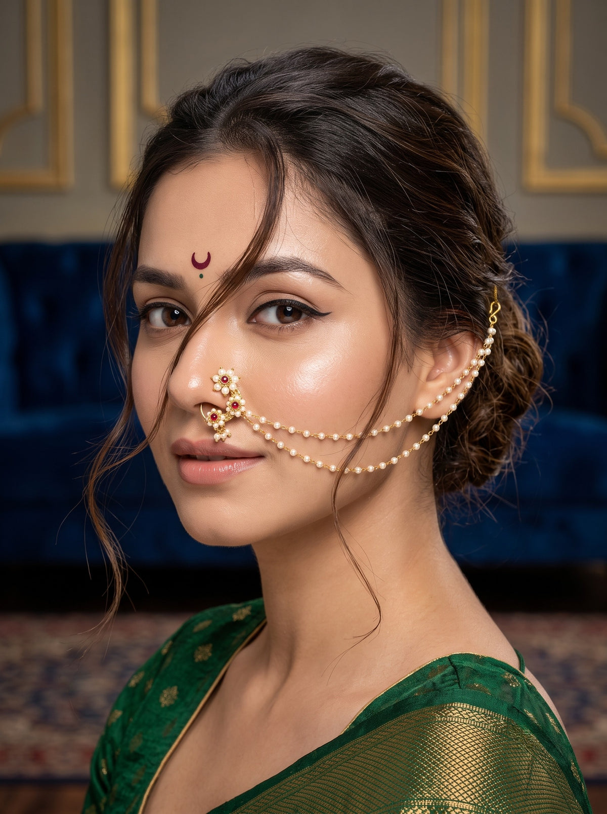 Red Maharashtrian Style Non Piercing Stud Nose Pin with 2 Layer Chain