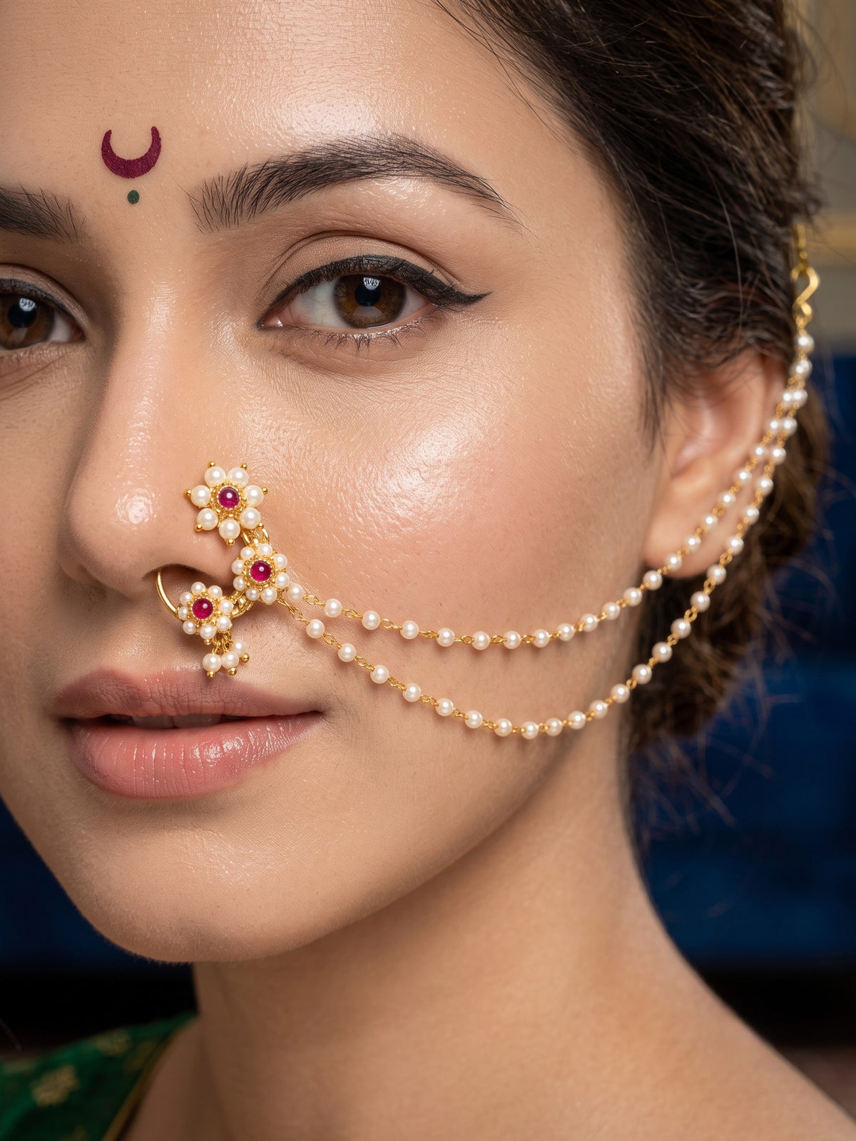 Red Maharashtrian Style Non Piercing Stud Nose Pin with 2 Layer Chain