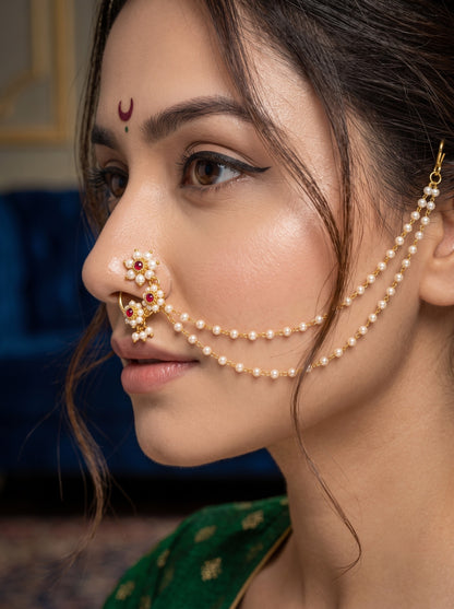 Red Maharashtrian Style Non Piercing Stud Nose Pin with 2 Layer Chain