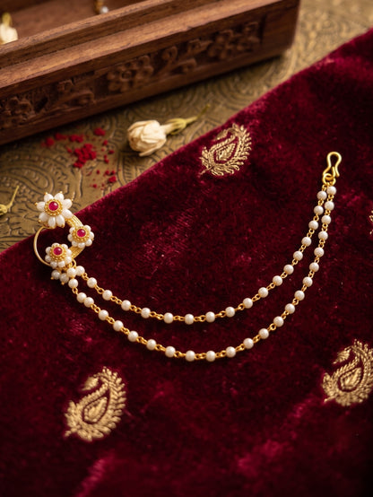 Red Maharashtrian Style Non Piercing Stud Nose Pin with 2 Layer Chain